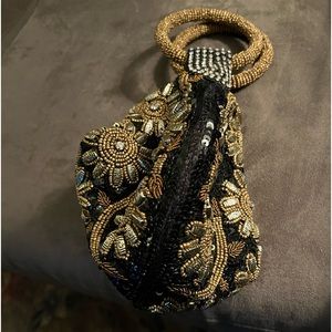 Black and Gold beaded Black Evening Bag Closes with Zipper then closes with snap